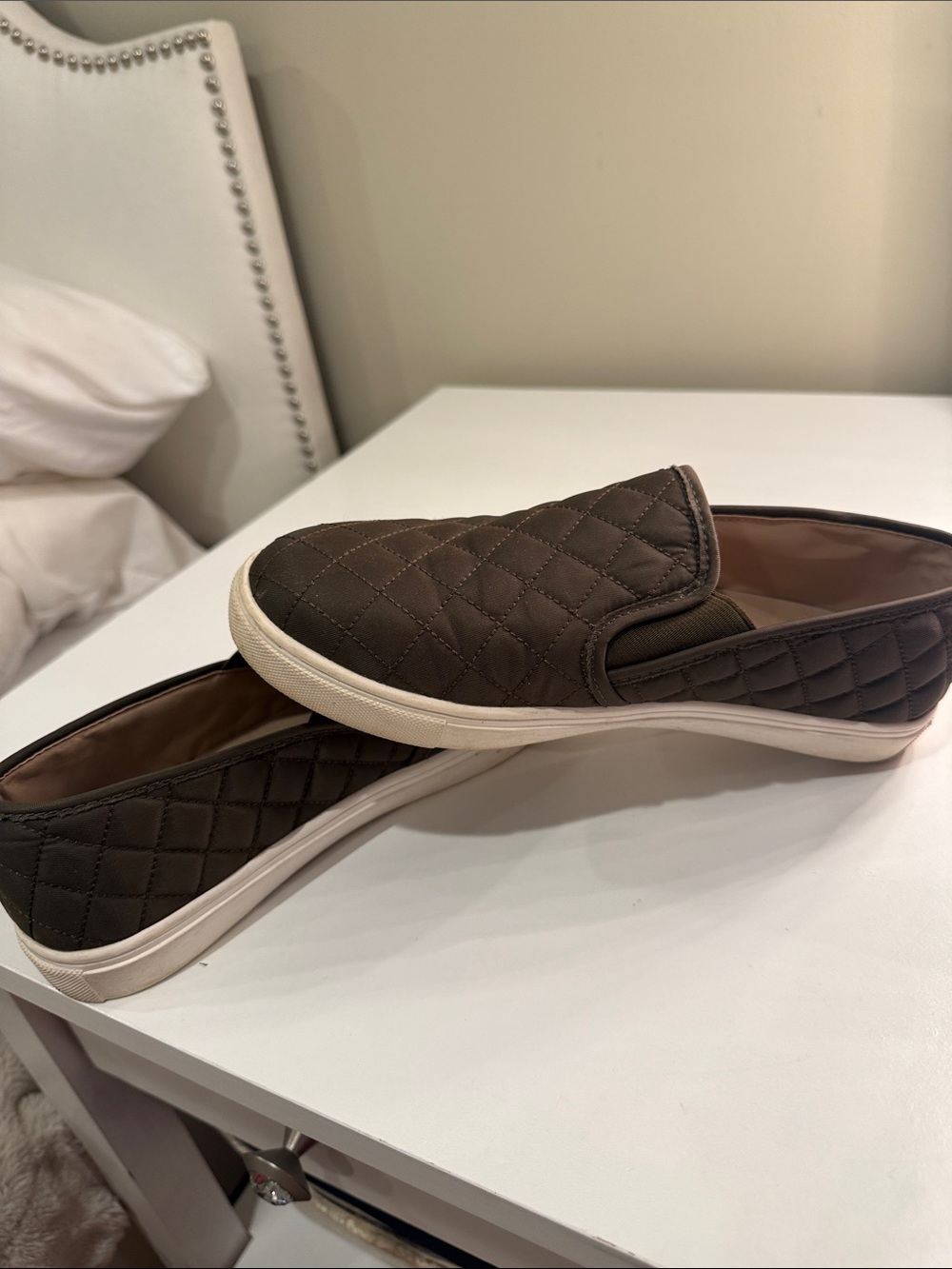 Steve Madden Quilted Slip-On Sneakers in Olive Green and White